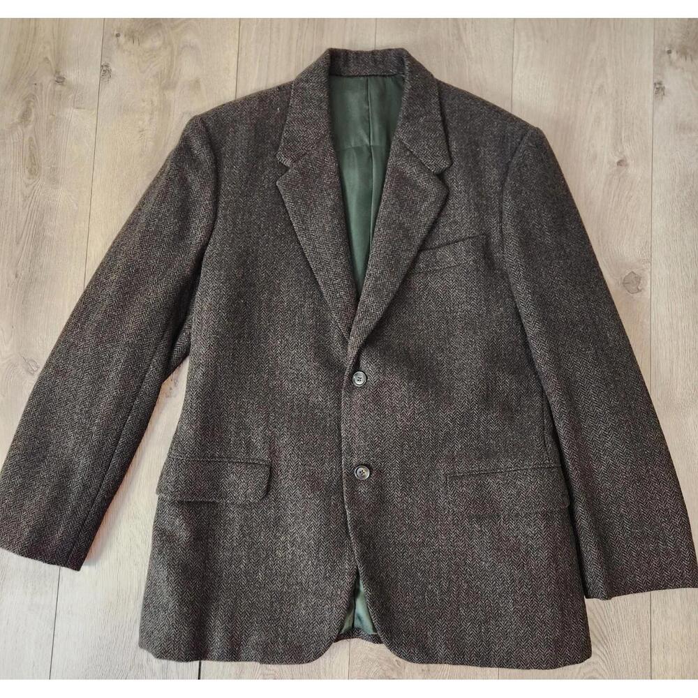 VTG Universal Wool Tweed Mens Green Gray Herringbone Blazer Jacket 42R Academia